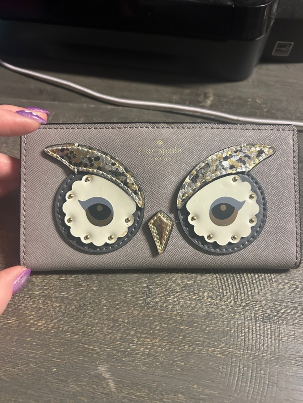 RARE - kate spade Taupe Owl Appliqué Card Holder with Cream and Gold Accents